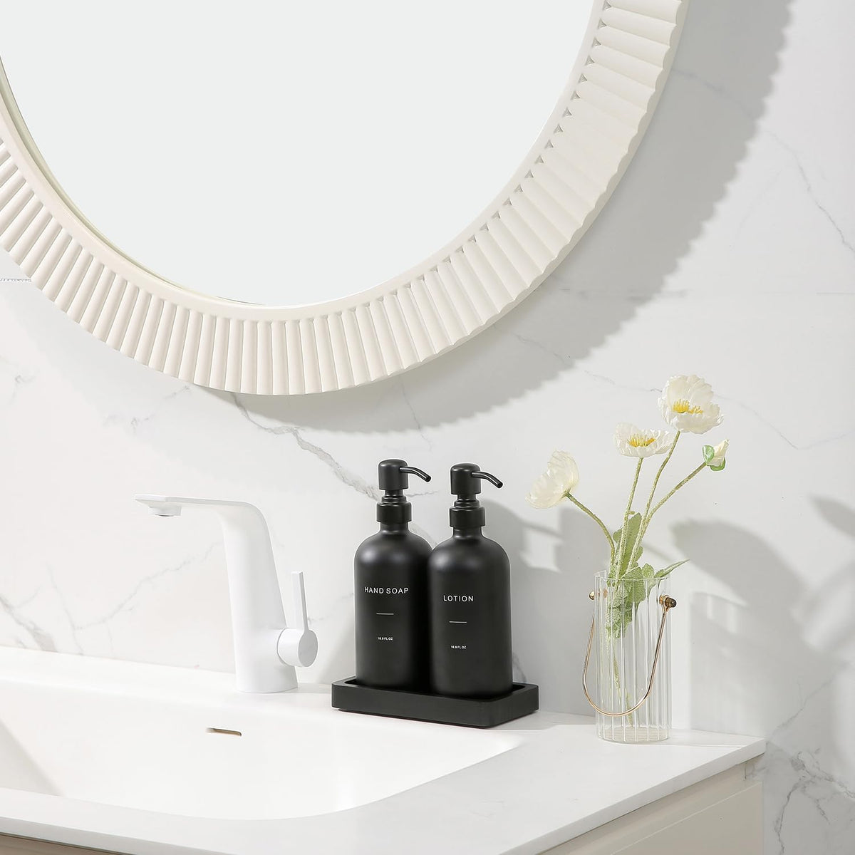 Black Soap Dispenser Bathroom Set, Soap and Lotion Dispenser Set with Stainless Steel Pump, Perfect for Bathroom Decor. (Black)