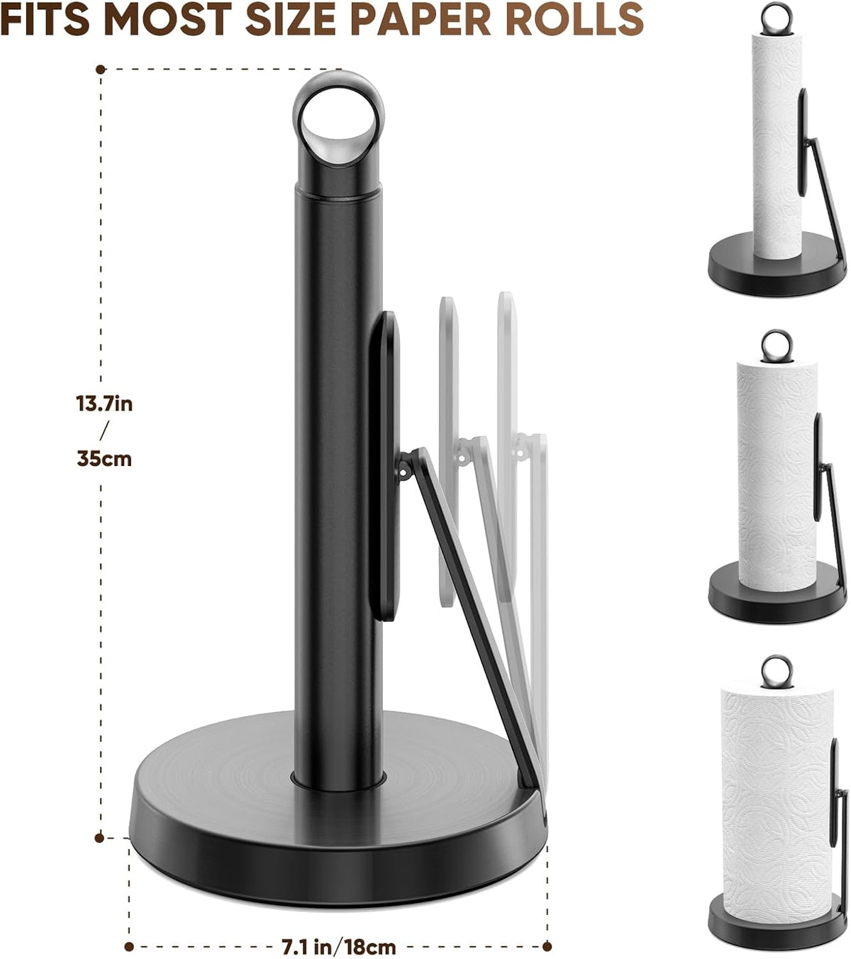 theaoo Heavy-Duty Stainless Steel Paper Towel Holder with Tension Arm – Easy One-Handed Tear, Modern Standing Countertop Dispenser for Kitchen, Holds All Paper Towel Rolls (1, Black)