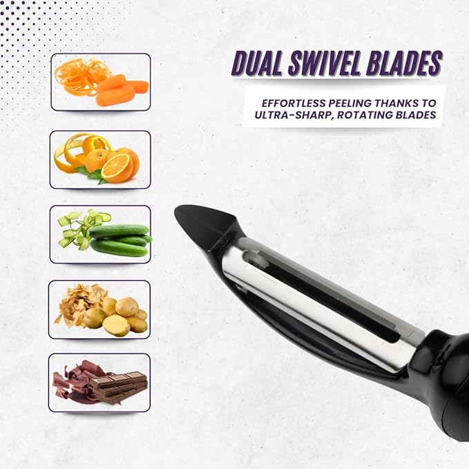 Premium Swivel Peeler- Super Sharp Stainless Steel Blades for fast and efficient Kitchen Prep- Ergonomic Handle- Dishwasher Safe- Equipped with sharp tip to remove Blemishes on Vegetables