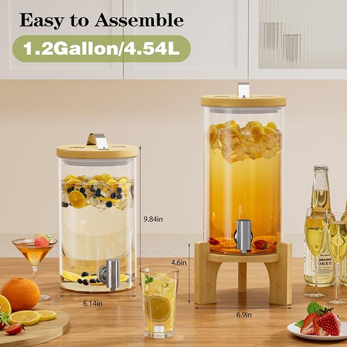 1.2 Gallon Glass Drink Dispenser For Parties, Beverage Dispenser With Bamboo Wood Stand And Stainless Steel Spigot, Countertop Water Dispenser, Lemonade Dispenser For Wedding, Picnic (2PACK)