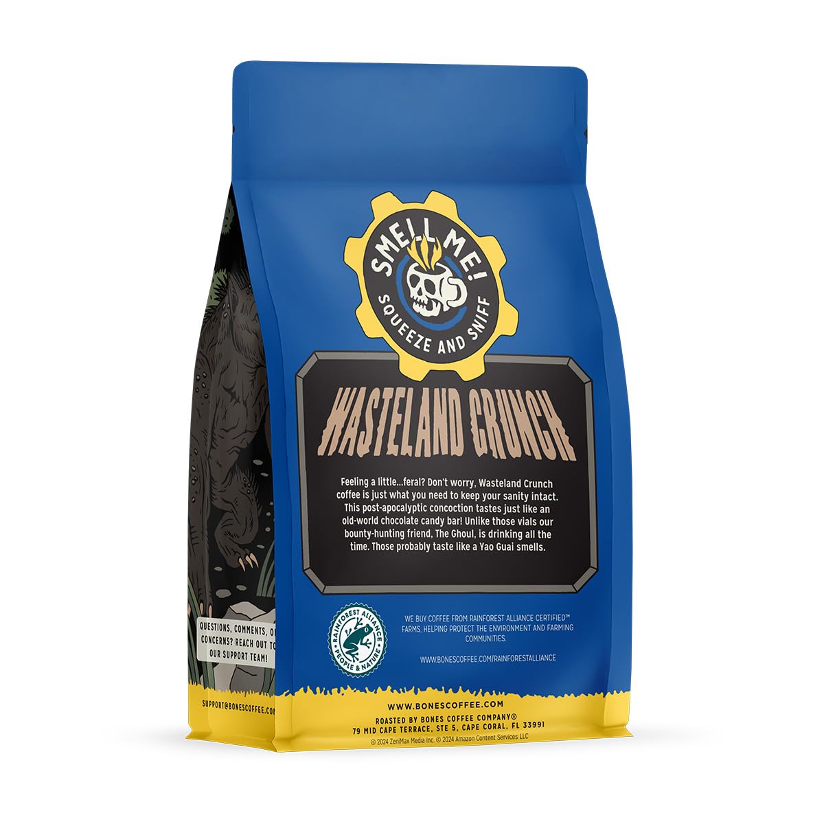 Bones Coffee Company Fallout Wasteland Crunch, Chocolate Candy Bar Flavored Coffee, Medium Roast Low Acid Arabica Beans Compatible with Auto drip and French Press Coffee Maker, 12 Oz Ground