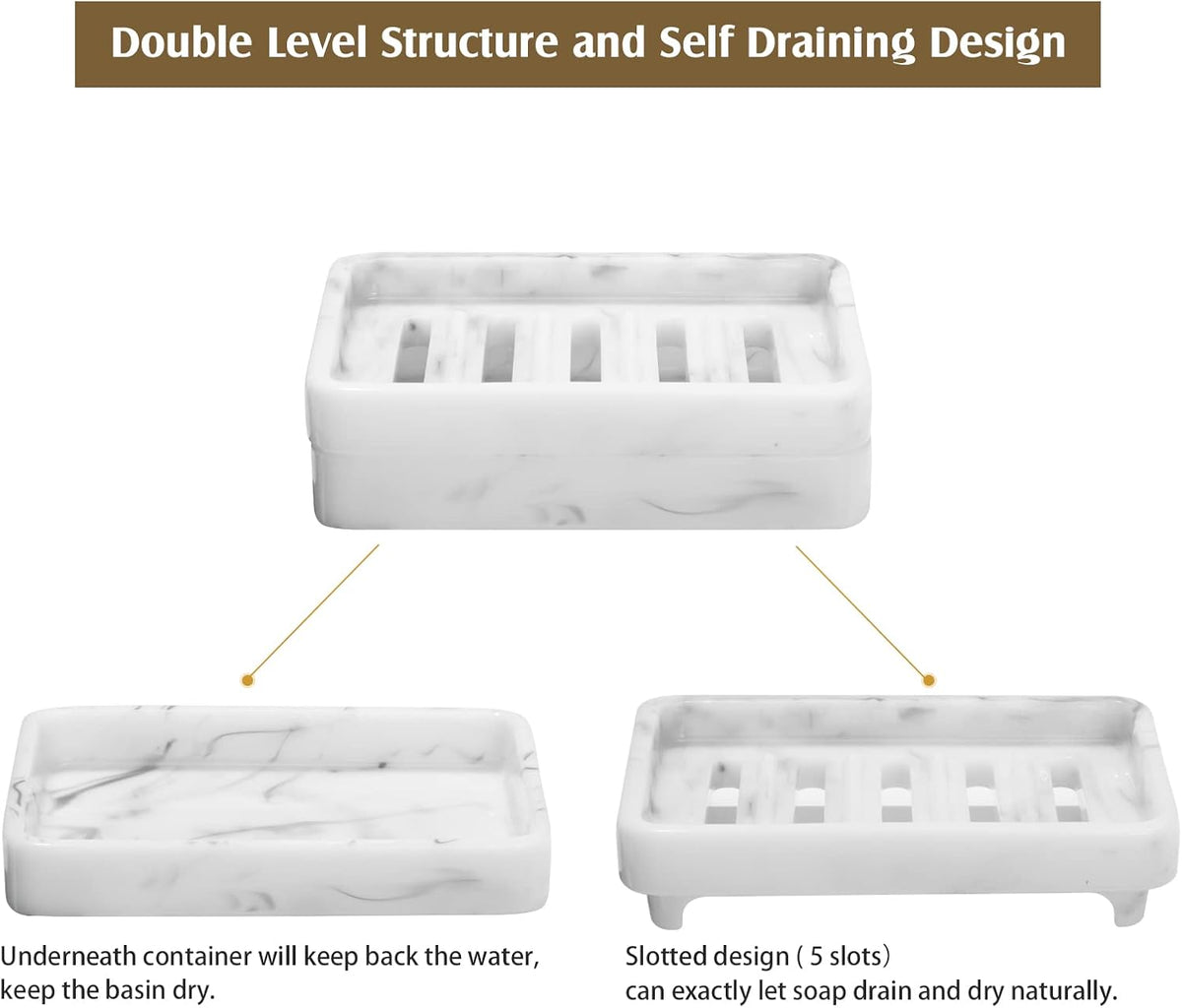 Shinowa Resin Soap Dish, Self-Draining Bar Soap Tray with Drainable Board, Dual Layer Sponge Holder for Bathroom Kitchen Shower Bathtub Sink Counter-top, Marble White