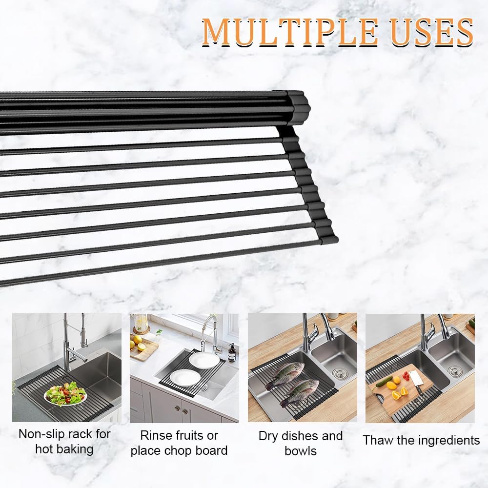 LEMIKKLE 20.5" x 13" Roll Up Dish Drying Rack Silicone Wrapped Over The Sink Dish Drying Rack Foldable Sink Drying Mat, Heat-Resistant & Anti-Rust Dish Rack for Kitchen Sink, Black
