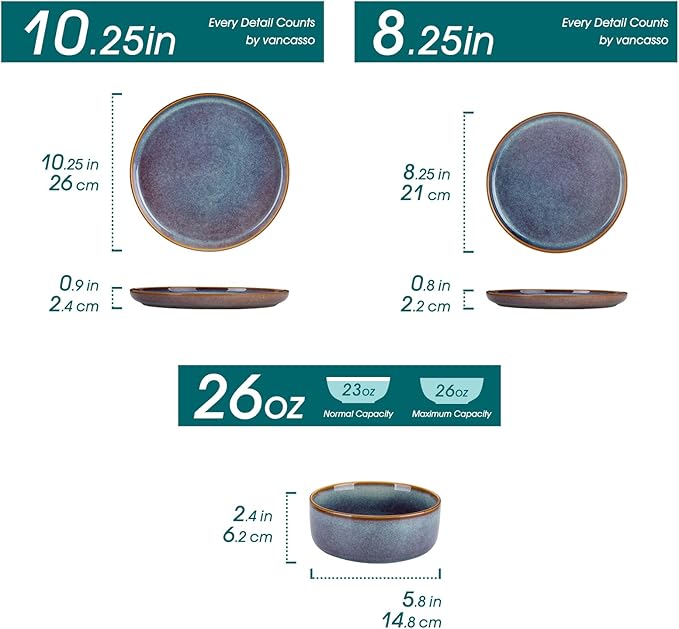 vancasso PLAYA Plates and Bowls Sets, 12 Pieces Grey-Blue Dinnerware Sets for Kitchen, Reactive Glaze Dishes Set for 4, Dishwasher and Microwave Safe