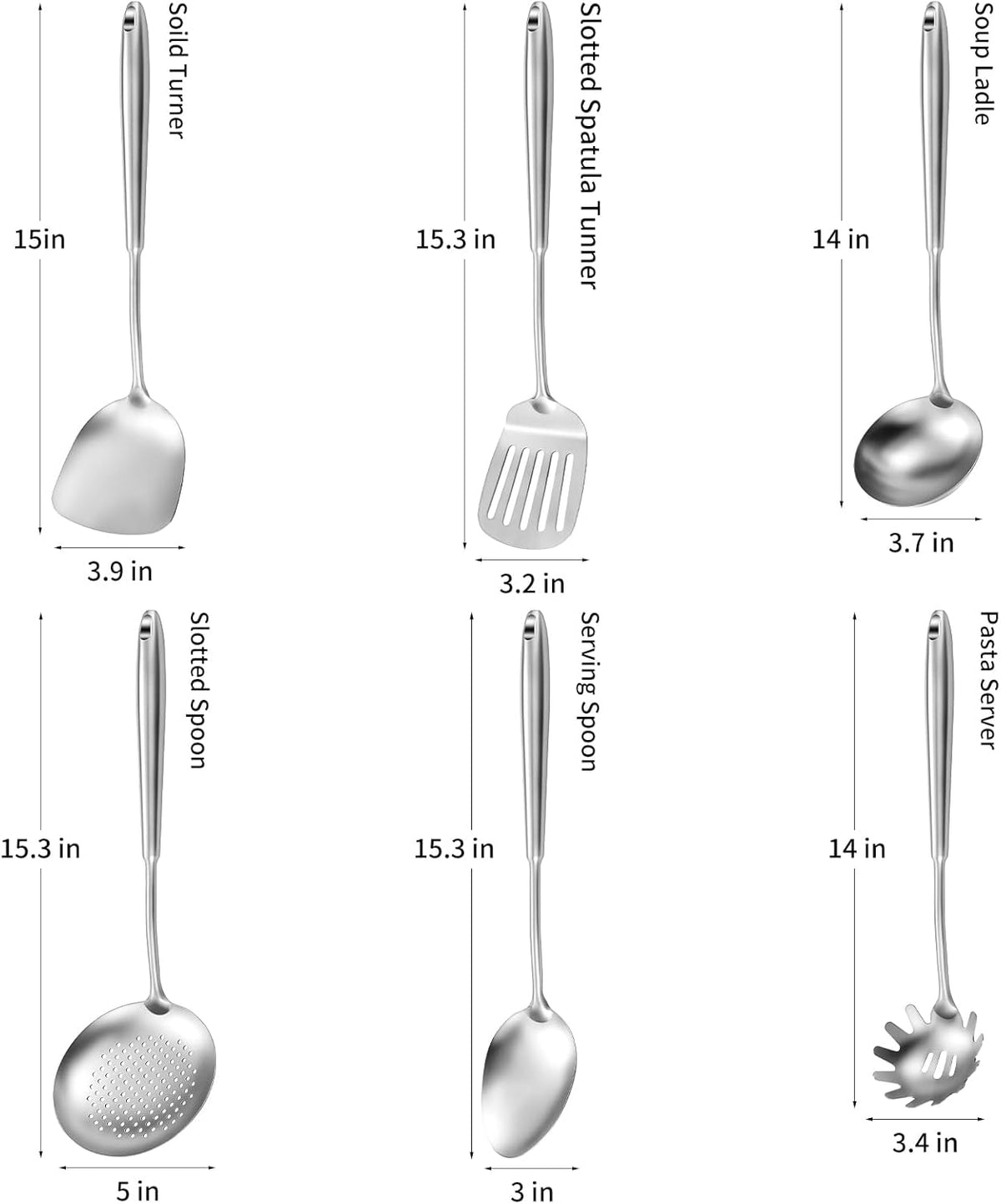 304 Stainless Steel Cooking Utensils,6 Pcs Kitchen Cooking Utensils Set with Spatula, Solid Spoon, Ladle, Skimmer, Spaghetti Spoon,Dishwasher Safe