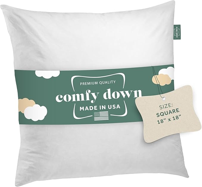 ComfyDown Decorative Throw Pillow Insert, Down and Feathers Fill, 100% Cotton Cover 233 Thread Count, Square Pillow Insert - Made in USA (18" x 18")