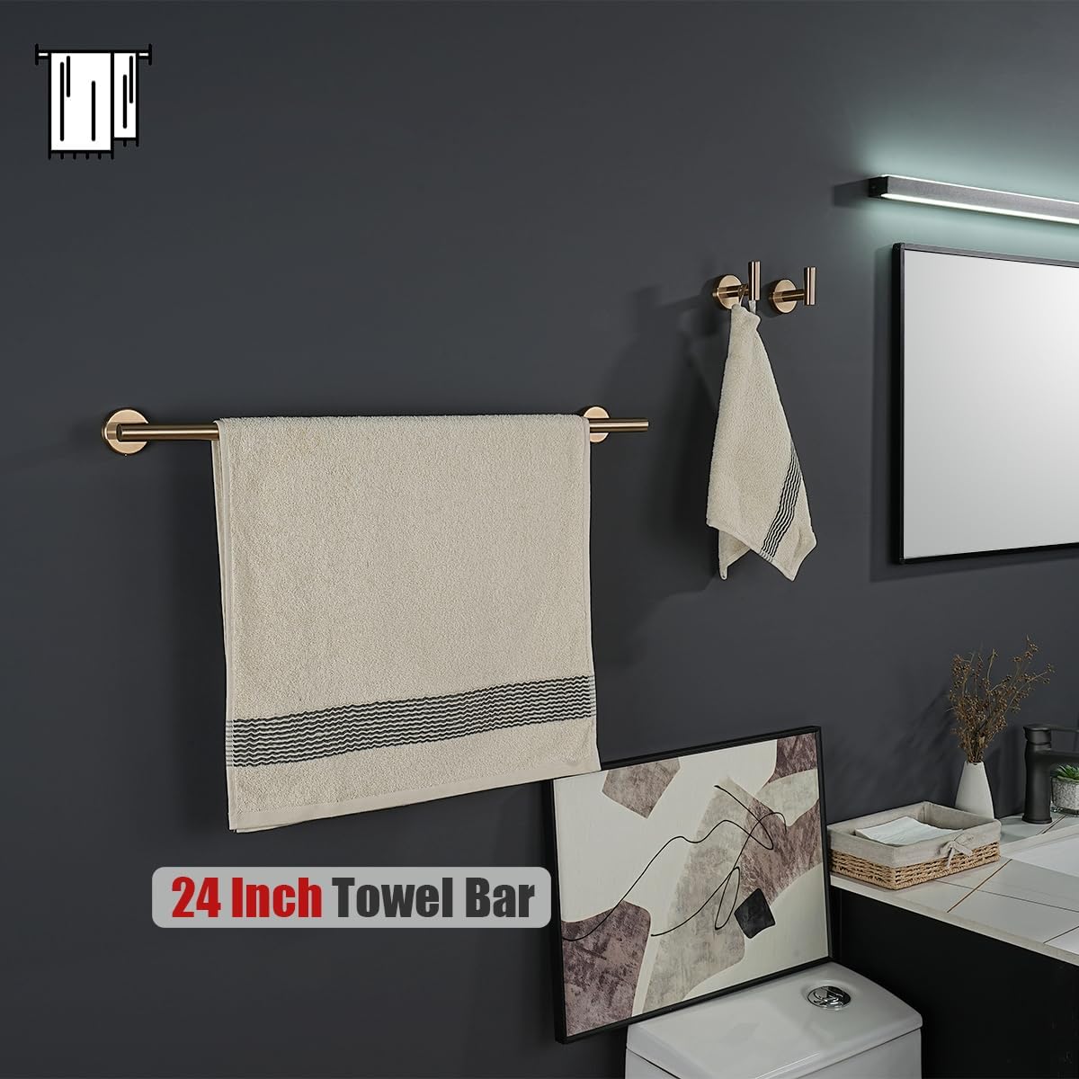 JQK Champagne Bronze Towel Bar, 27 Inch 304 Stainless Steel Thicken 0.8mm Towel Rack Bathroom, Towel Holder Wall Mount, Useable Length 24 Inch, TB110L24-CB