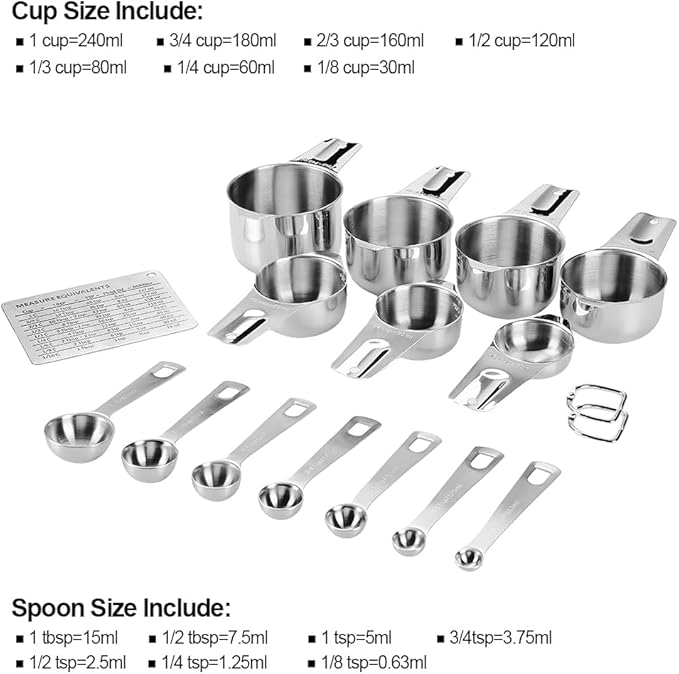Measuring Cups and Spoons Set Heavy Duty 304 Metal Stainless Steel Measuring Cup Spoon Kitchen Gadgets for Cooking Baking (Set of 17)