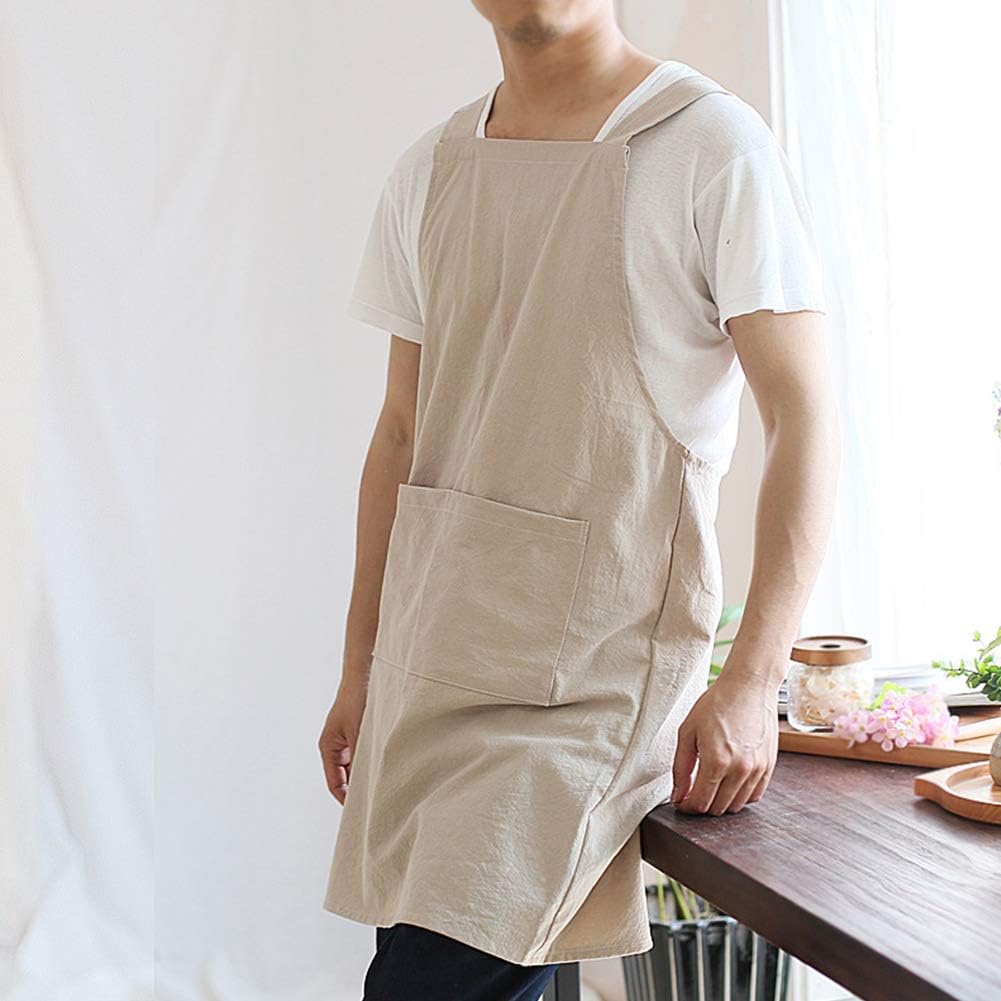 NEWGEM Japanese Linen Cross Back Cooking Aprons for Women Men with Pockets Cute for Baking Kitchen