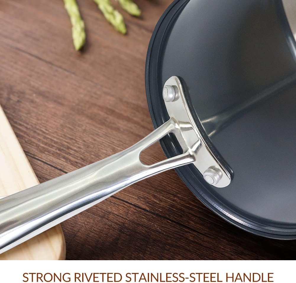 HOMICHEF Matte Polished NICKEL FREE Stainless Steel 2.5 QT Sauce Pan with Glass Lid (No Toxic Non Stick Coating) - Navy Gray Non Toxic Stainless Steel Induction Saucepan with Lid
