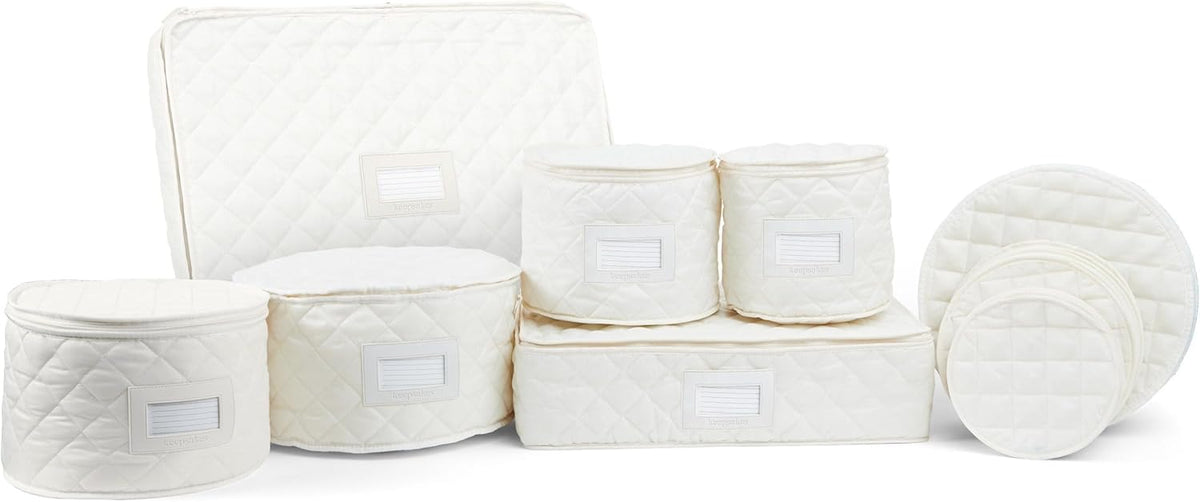 Covermates Keepsakes - Dish Storage Set - Padded Protection - ID Window - Stain Resistant - Machine Washable - China Storage, Cream