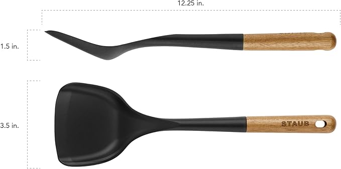 STAUB Wok Spatula, Perfect for Scooping, Flipping, Stirring, and Turning Stir Fries, One Size, Durable BPA-free Matte Black Silicone, Acacia Wood Handles, Safe for Nonstick Cooking Surfaces