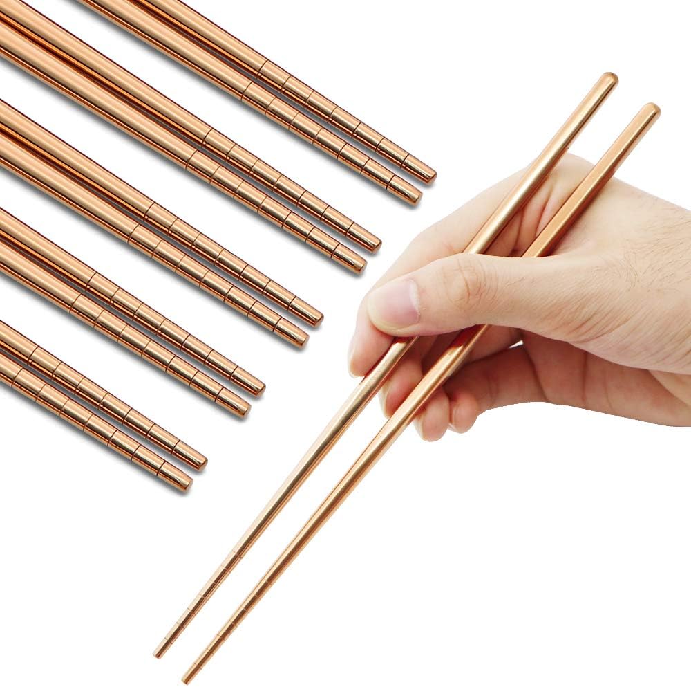 Stainless Steel Chopsticks Reusable Multicolor Lightweight 304 Metal Chopsticks Dishwasher Safe - 5 Pairs (Rose Gold)