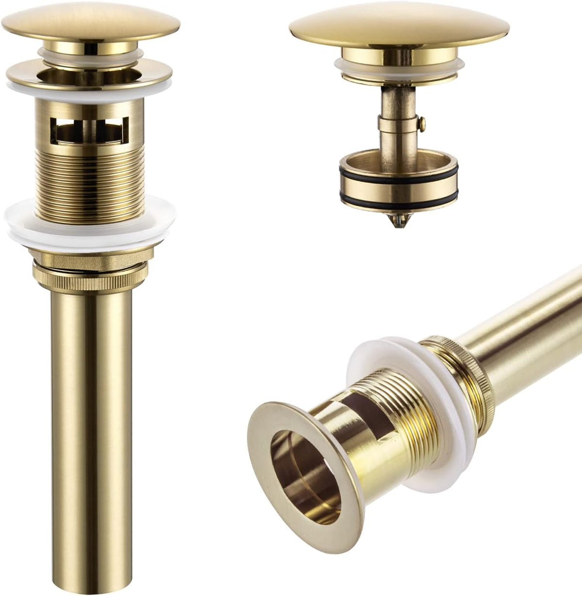 KOKOSIRI Bathroom Sink Drain with Detachable Hair Catcher, Brushed Gold Pop Up Sink Drain with Strainer Basket Anti Clogging for Vanity Vessel Sink with Overflow, C1001BG