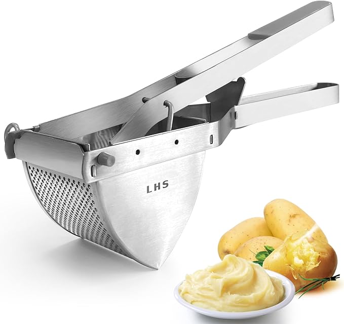 LHS Stainless Steel Potato Ricer and Masher, Heavy Duty Commercial Food Masher, Ergonomic Comfort Grip, Extra Large Capacity, Dishwasher Safe (Grey)
