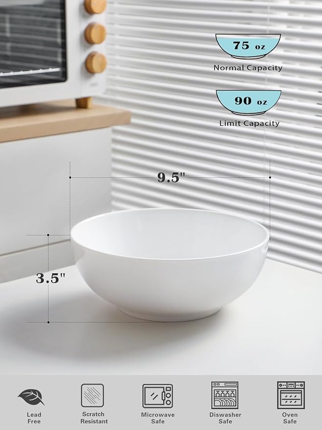 Kanwone Large Serving Bowls - 9.5 inch, 90oz Ceramic Salad Bowls, Fruit Bowls, Pasta, Soup Bowls, Set of 2, Serving Bowls for Entertaining, Microwave and Dishwasher Safe, White