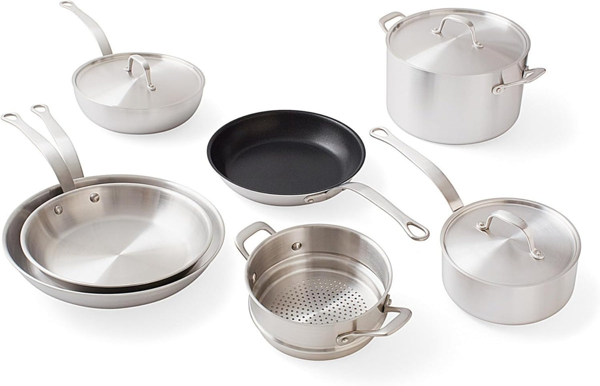 Daniel Boulud Kitchen - 10pc Cookware Set - French Inspired 5-Ply Stainless Steel Pots & Pans Cooking Set, Sturdy Heat-Resistant Handles, Induction Compatible & Oven Safe