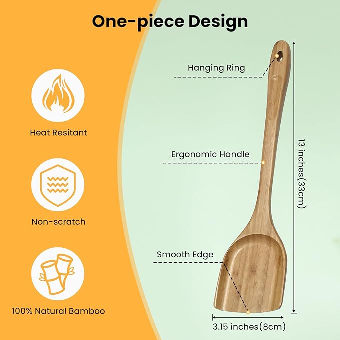 GEEKHOM Bamboo Spatulas for Nonstick Cookware, 13 Inch Wooden Kitchen Utensils, 2 Pack Flat Wood Spatula Turners for Cooking Stirring, Flipper for Pancake, Fish, Egg