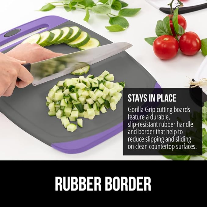 GORILLA GRIP BPA-Free Reversible Kitchen Cutting Board Set of 3, US Designed, Nonporous, Juice Grooves Catch Liquid, Slip Resistant Border, Dishwasher Safe, Durable Food Chopping Boards, Purple Gray