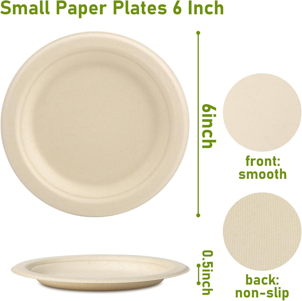 Small Eco Friendly Compostable Dessert Plates, 6 inch, 200 Pack, Sugarcane Biodegradable, Brown