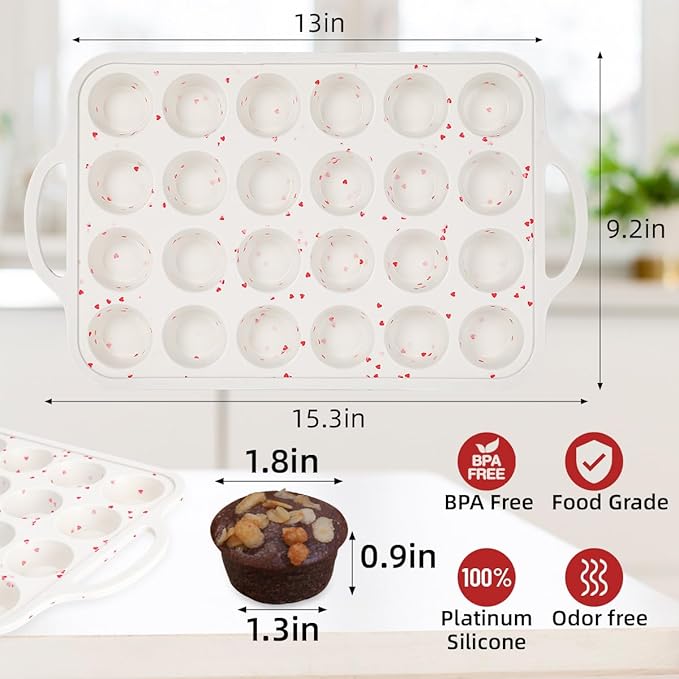 CAKETIME Mini Muffin Pan, Metal Reinforced Frame Mini Cupcake Pans 24 Cups Nonstick Muffin Silicone Molds with Handle for Baking Muffins, Cupcakes, Egg Bites 2 Pack Heart-Shaped