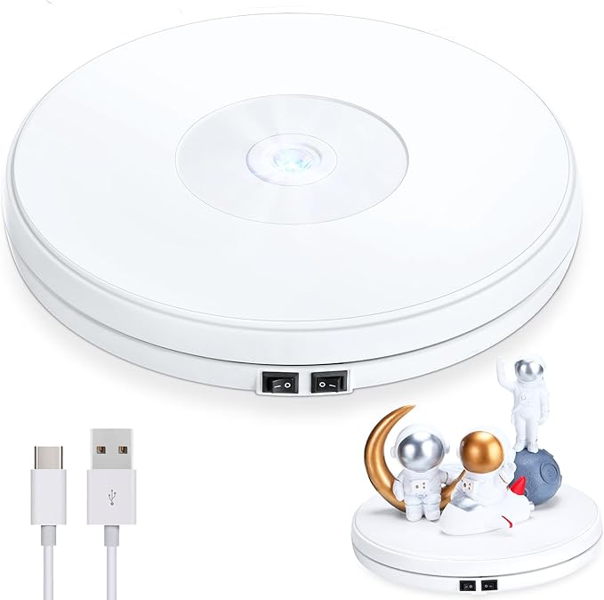 Tuanse 10 Inch Electric Motorized Rotating Turntable Cup Display Stand with LED, 44 lb Centric Loading for Table, 360 Degree Product Display Stand for Shop Jewelry Photography Video(White)