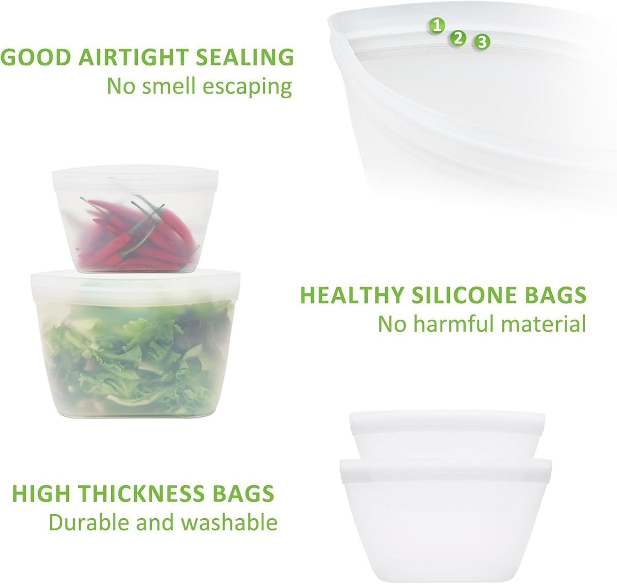 Silicone Bags for Food Storage, Reusable Food Storage Containers Zip Lock Silicone Bags Stand Up Snack Bags, Freezer Microwave Oven Dishwasher Safe,Plastice BPA-Free 4 Pack 2 Size(84oz & 40oz)