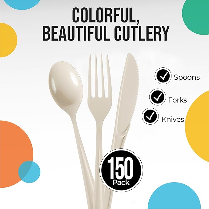 Party Solids Ivory Plastic Silverware Heavy Duty 150 Pieces Ivory Plastic Cutlery Sets, Utensil Sets, 50 Of Each Forks, Knives & Spoons Disposable Cutlery Set, Flatware Set For Party Supplies