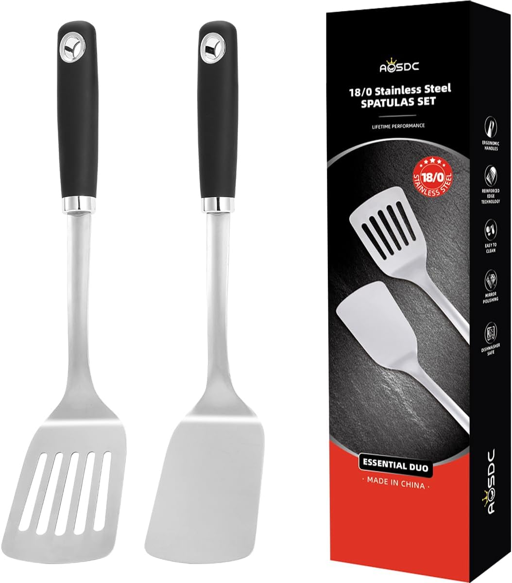 2 Pcs Stainless Steel Spatulas Set,14.2 Silver Slotted Turner, Solid Turner, Kitchen Cooking Utensils Set, High Heat Resistant, Grilling Frying Serving Food, Easy to Clean