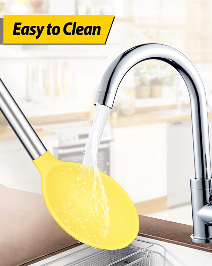 Pack of 2 Large Silicone Cooking Spoons,Non Stick Solid Basting Spoon,Heat-Resistant Kitchen Utensils for Mixing,Serving,Draining,Stirring (YELLOW)