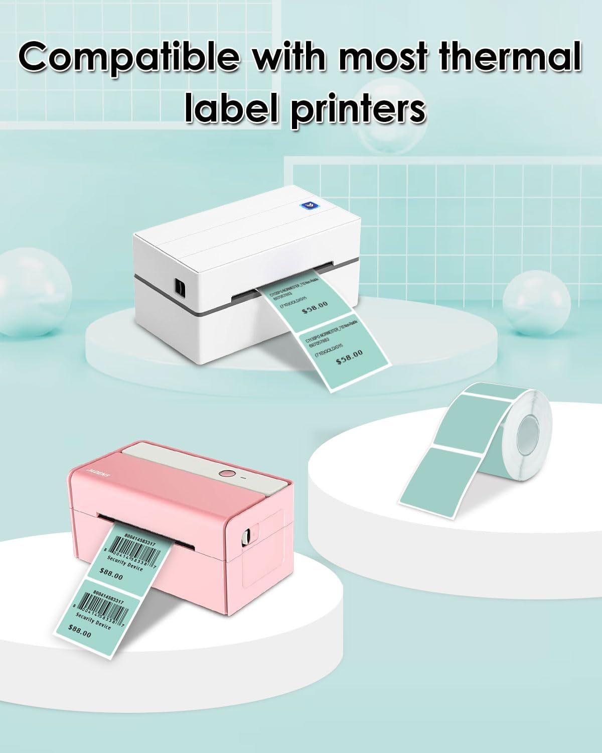 iEager Green Square Thermal Label Stickers, 2"x2" Self-Adhesive Square Direct Thermal Labels with Perforation Line, 500 Sheets/Roll