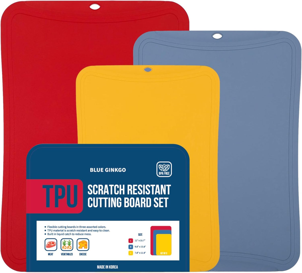 Blue Ginkgo TPU Cutting Mats [Set of 3] – Korean-Made Flexible, Knife-Friendly, Durable Kitchen Cutting Boards (Red, Blue, Yellow)
