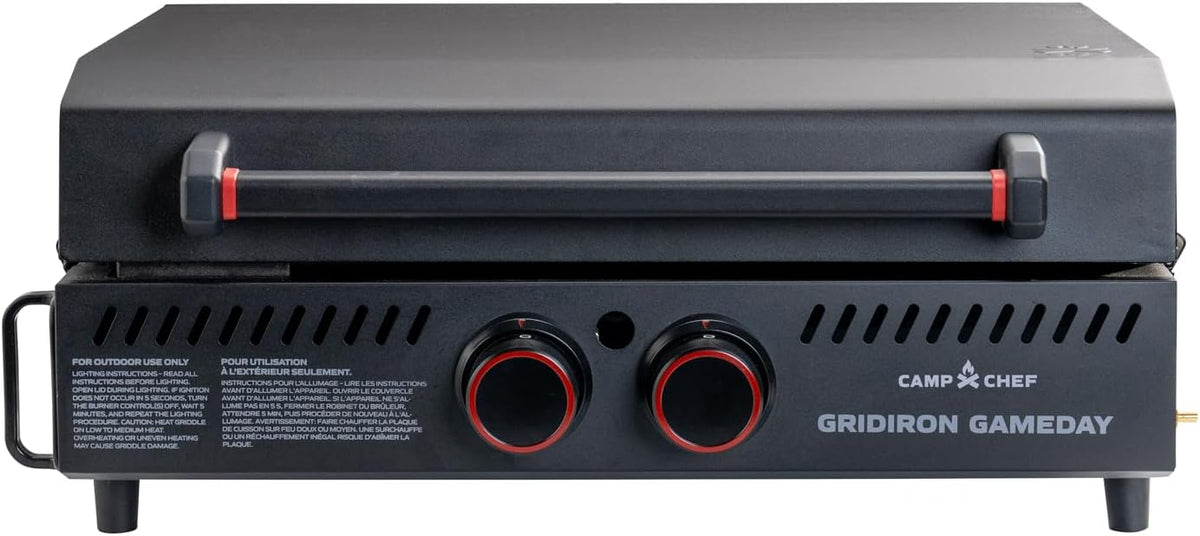 Gridiron Gameday 24" Flat Top Grill – Portable Tabletop Griddle with Hinged Lid, 24,000 BTUs, Flamethrower Ignition, Dual Heat Zones & Adjustable Legs for Tailgating, Camping, Outdoor Cooking