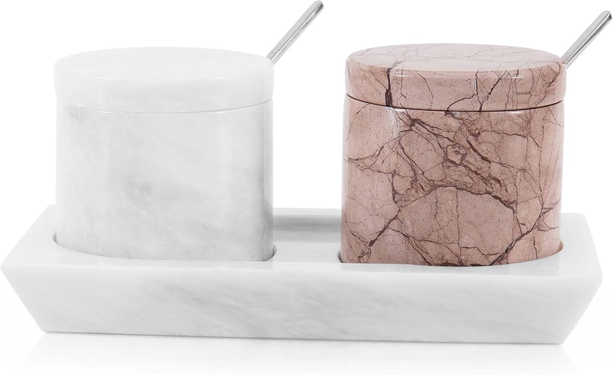 Radicaln Marble Salt Cellar With Lid and Tray 3" Inch White and Marinara Salt Container and Set of 2 Seasoning Jars For Living Room, Ideal Salt Bowl for Countertop