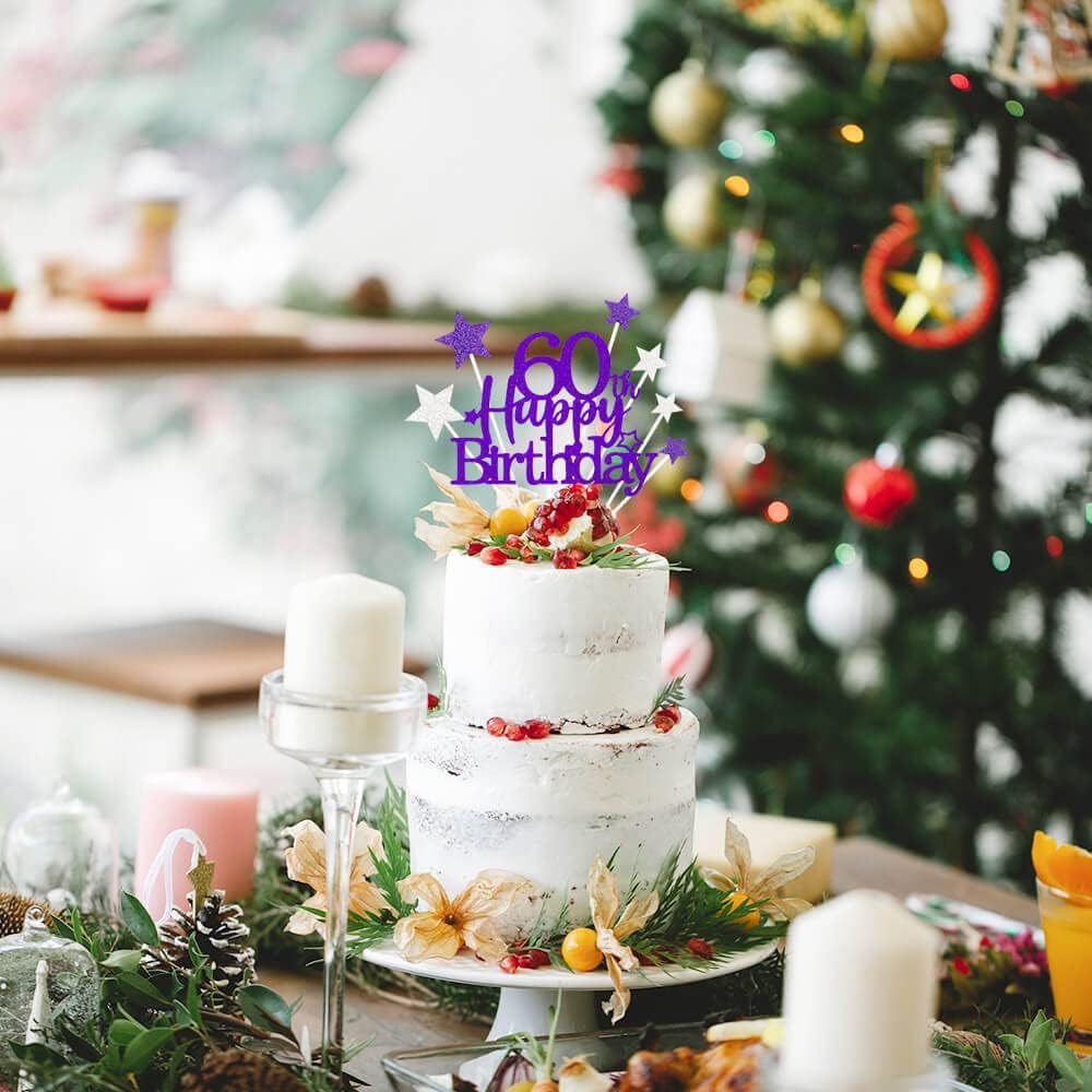 Glittery 60th Happy Birthday Cake Topper with Star,Personalised 60 Birthday Cake Toppers Party Decorations Party Supplies for Men Women Purple Silver