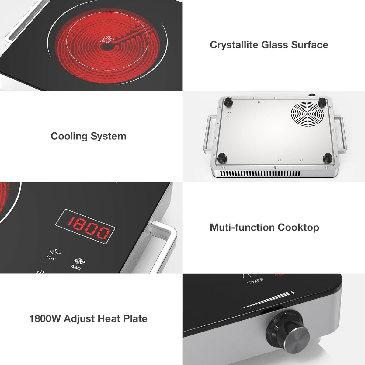 Portable Electric Cooktop 110V, 1800W Electric Stove Infrared Hot Plate with Knob Control, Nafewin Single Burner Countertop Burner with Handle, 4-Hours Timing Setting, Compatible for All Cookwares
