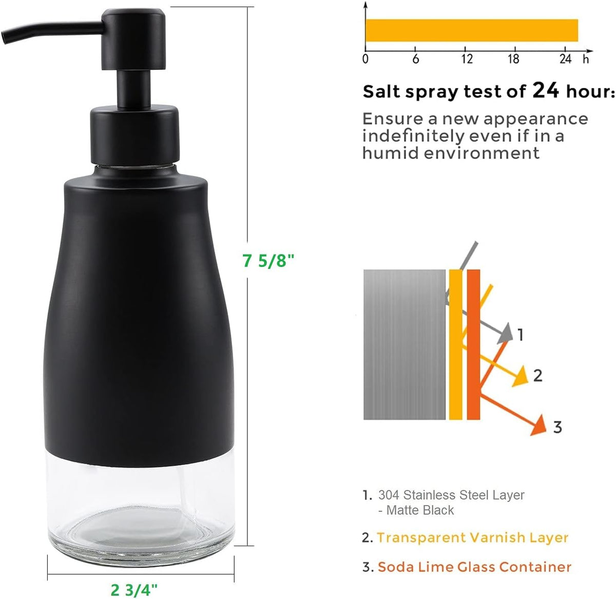 Black Soap Dispenser with Coasterand Stickers, Refillable Liquid Stainless Steel Soap Dispenser for Kitchen Sink, Bathroom Countertop (11OZ / 320ML)