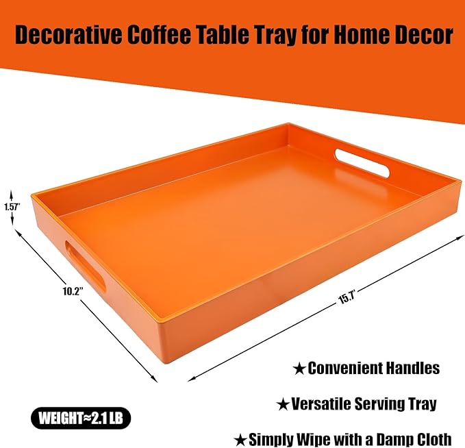 Ornage Serving Tray for Coffee Table, Rectangular Plastic Decorative Tray with Handles for Entertaining, Outdoor Patio, Living Room, Ottoman, Bathroom Counter, 11.8”*15.7”*1.6”