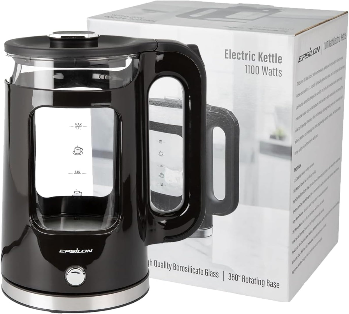 Epsilon 1.7L Glass Electric Kettle – Hot Water Tea Kettle with LED Light, Stainless Steel & Borosilicate Glass, Auto Shut-Off, BPA-Free Electric Teapot, 1500W Fast Boil, Cool Touch