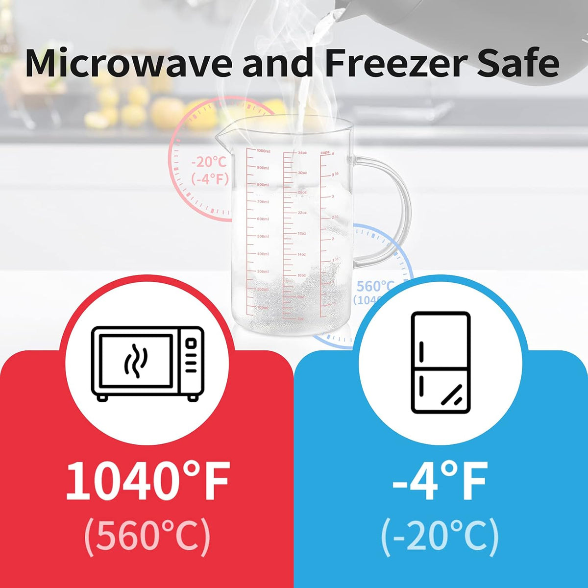 Luvan 34OZ/1000ML Glass Measuring Cup, 4 Cup Glass Measuring Cups With 3 Scales (Ml/Oz/Cup), High Borosilicate Measuring Cup With Handle and V-Shaped Spout, Dishwasher/Freezer/Microwave Safe