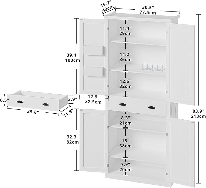 IRONCK Kitchen Pantry Storage Cabinet 83.9" H, with Barn Doors, Drawer, 4 Adjustable Shelves, Freestanding Cupboard for Dining Room Living Room, Laundry, White