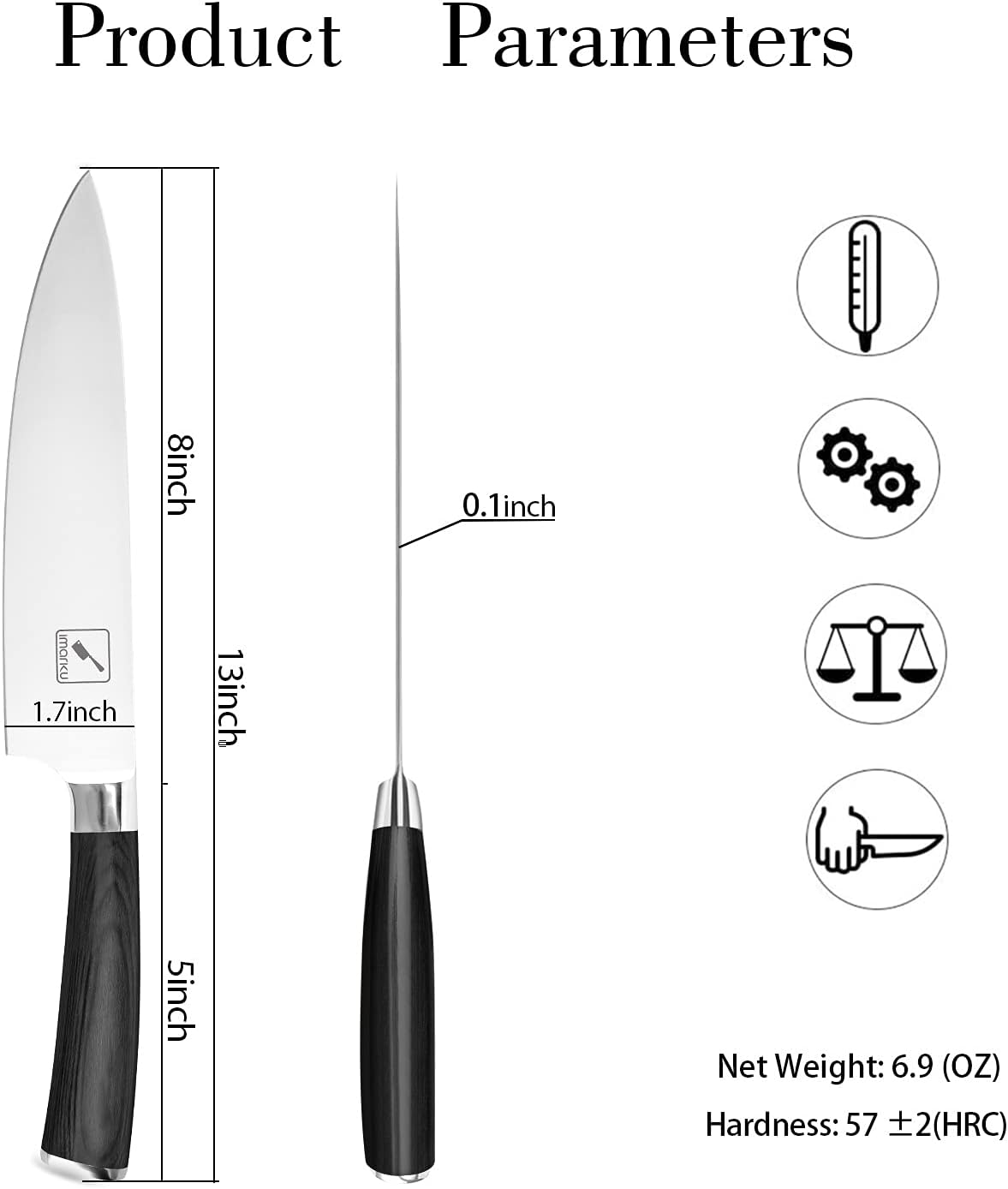 imarku Chef Knife - Pro Kitchen Knife 8 Inch Chef's Knives Japanese SUS440A Stainless Steel Sharp Paring Knife with Ergonomic Handle, Black Handle, Gifts for men and Women