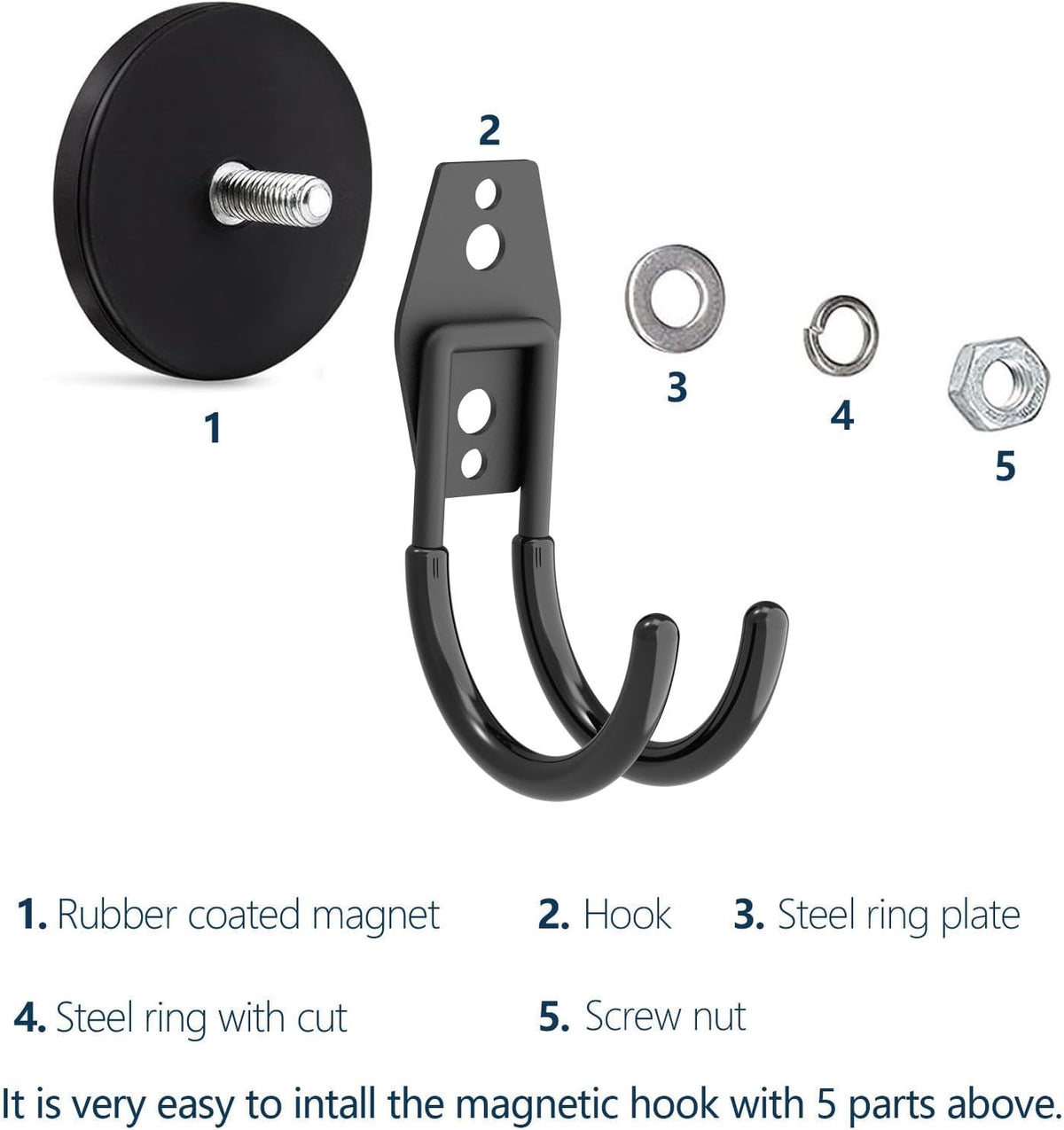 Heavy Duty Magnetic Hooks - Anti-Slide Garage Hanger, Magnetic Mounting for Garden Tools, Hose, Power Drill, Steel Pegboard, Workshop (8 Pack)