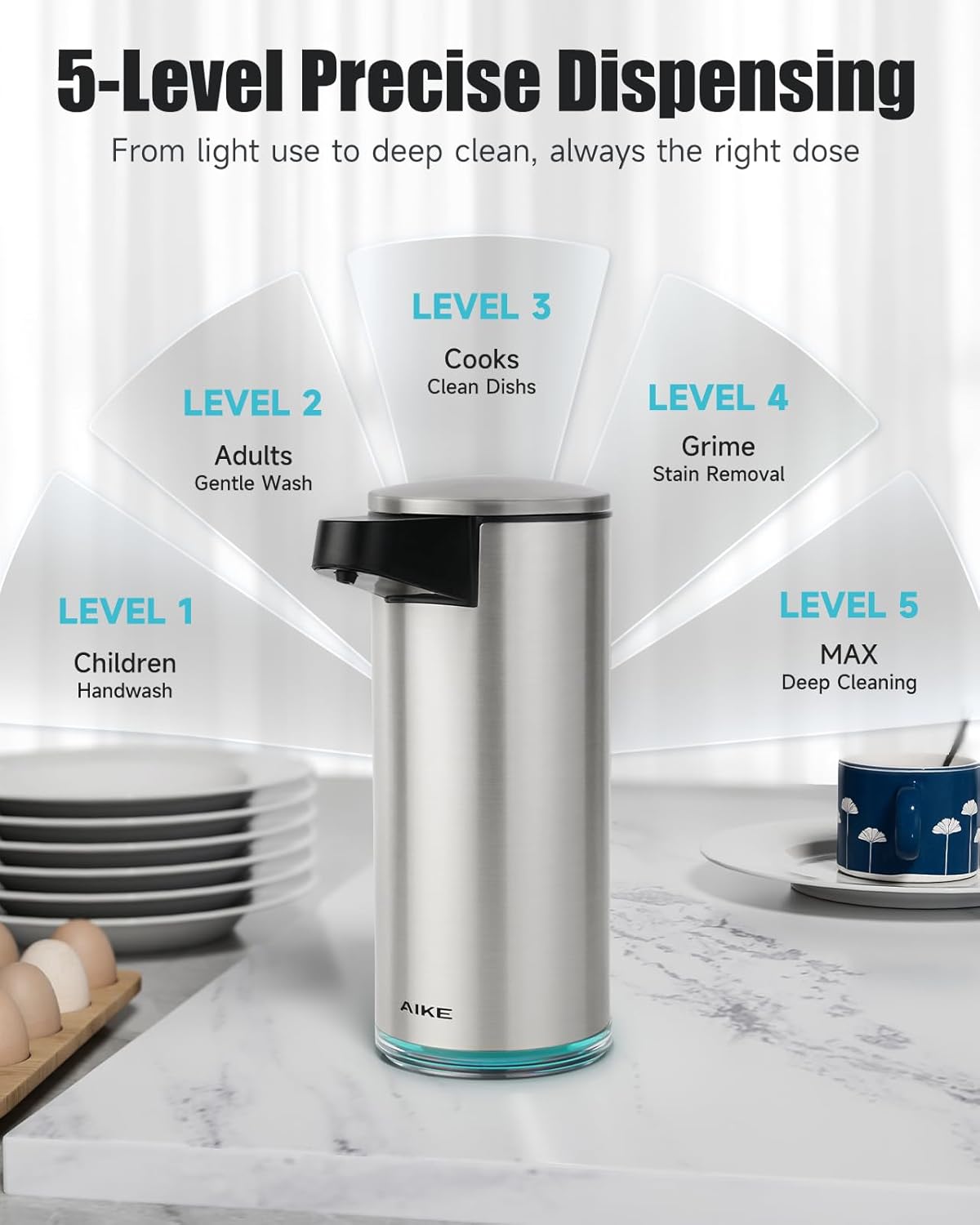 AIKE SensePro Automatic Soap Dispenser Type-C Rechargeable, Brushed Stainless Steel Finish 12.8 fl.oz. for Liquid Soap