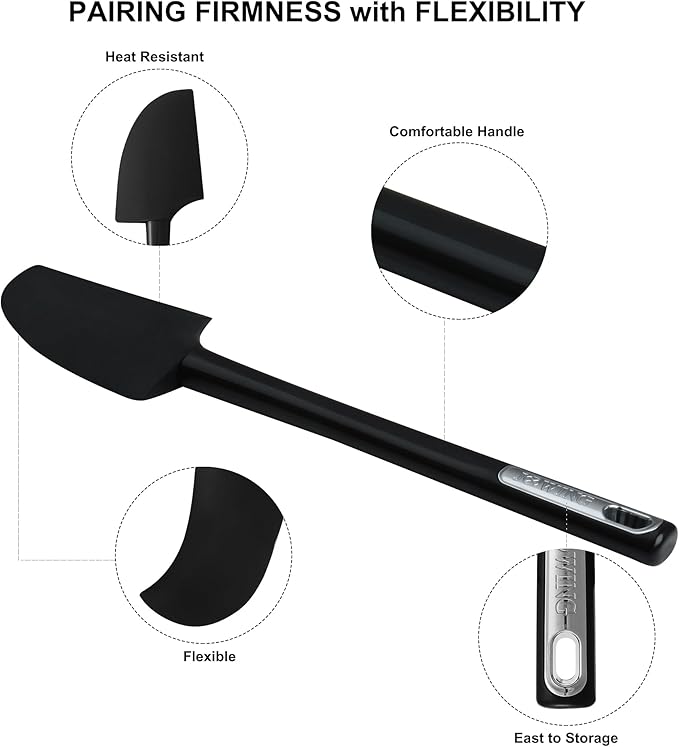 Premium Silicone Spatula Set, JXWING Flexible Heat Resistant Non-slip Handle Baking Cooking Rubber Spatulas, Black