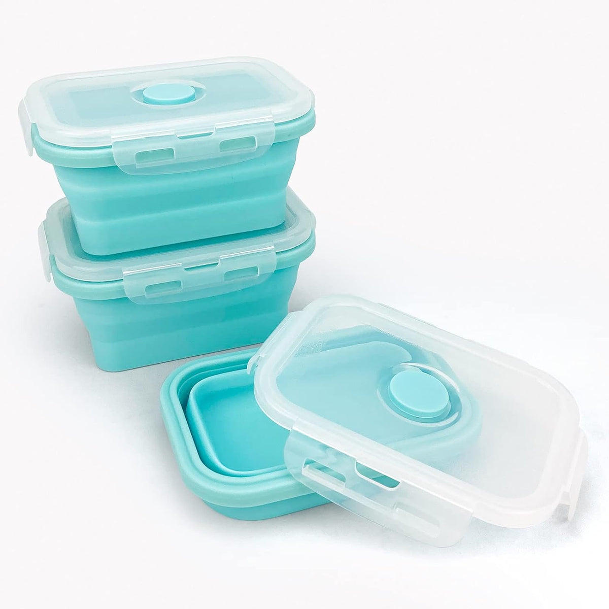 CCyanzi 3piece Collapsible Food Storage Containers with Lids, Silicone Lunch Container, Microwave & Freezer Safe, Space Saving for Kitchen Cabinet and Camping Backpack,(blue)