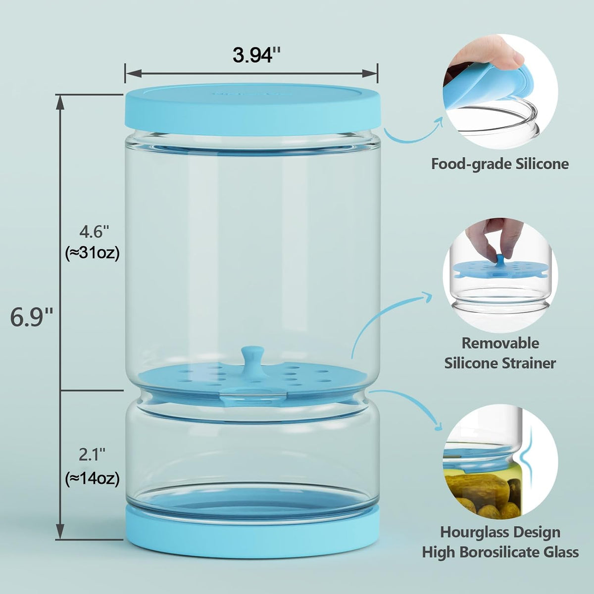 Glass Pickle Container with Strainer for Pickle Lover - 45OZ Leakproof Juice Separator Jar for Gherkin, Olive or Chilli, Dishwasher and Refrigerator Safe, BPA Free (Blue, 45 oz*2 pcs)