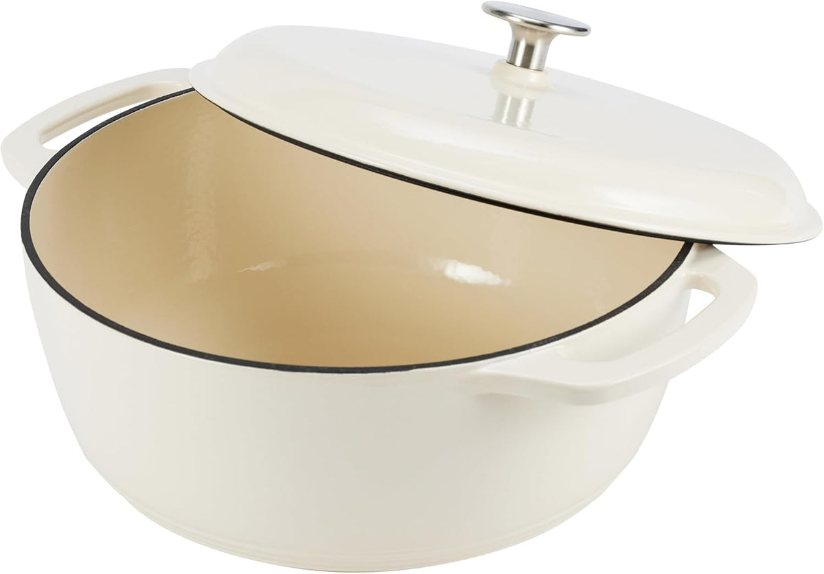 Amazon Basics Cast Iron Dutch Oven Pot with Lid, Enameled, Round, Dual Handles, Heavy-Duty, Large, 7.3-Quart, White