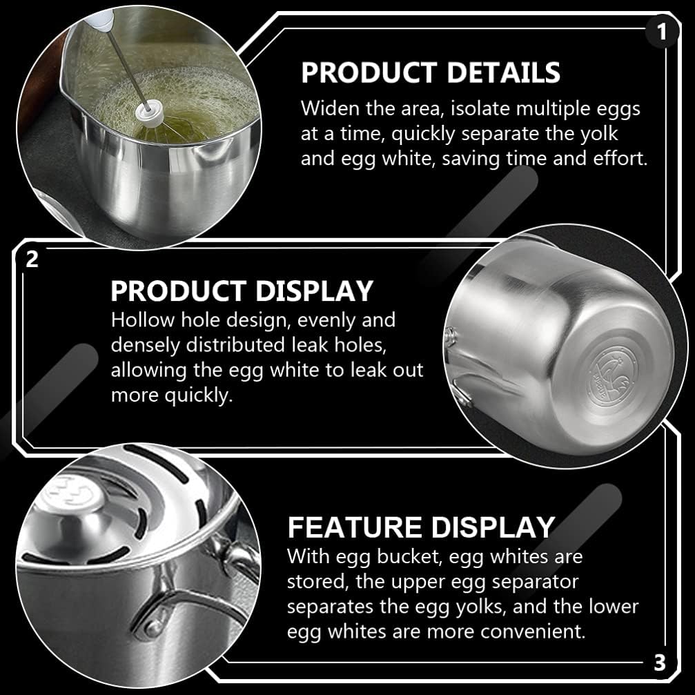 Angoily Egg Separator - Stainless Steel Egg Yolk White Separator Tool, Divider, Sieve, Kitchen Gadget, 1500ml Dividing Bucket with Yolk White Filter for Kitchen Use Silver
