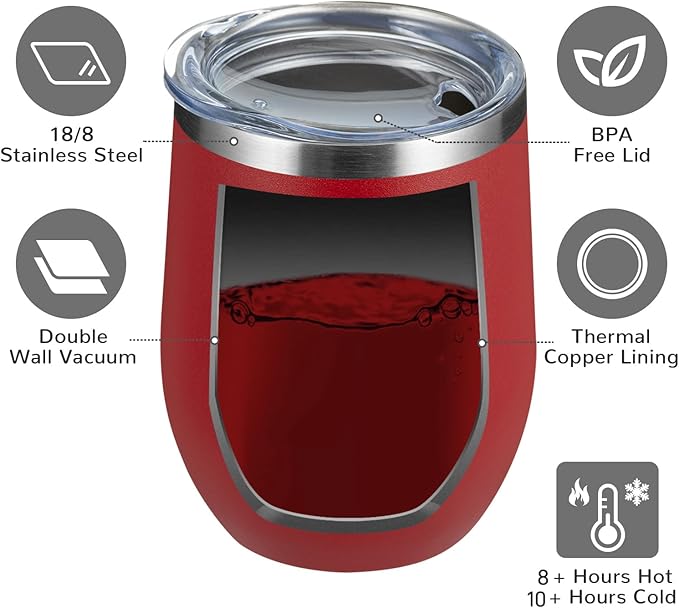 MEWAY Stemless 12oz Wine Tumbler Glasses with Lid -Insulated Double Wall Vacuum Stainless Steel Travel Tumbler with Straw,for Woman Under 10 dollars (Red,1)